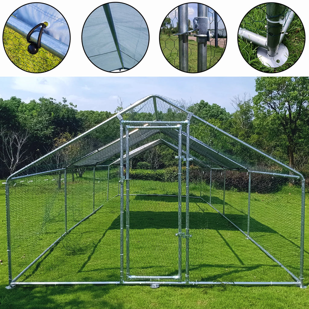 Large Chicken Run Coop 10x26ft Metal Hen House Walk-in Poultry Cage W/ Cover k7