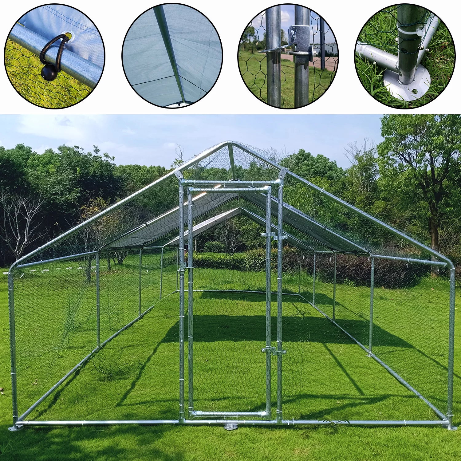 Large Chicken Run Coop 10x26ft Metal Hen House Walk-in Poultry Cage W/ Cover k7