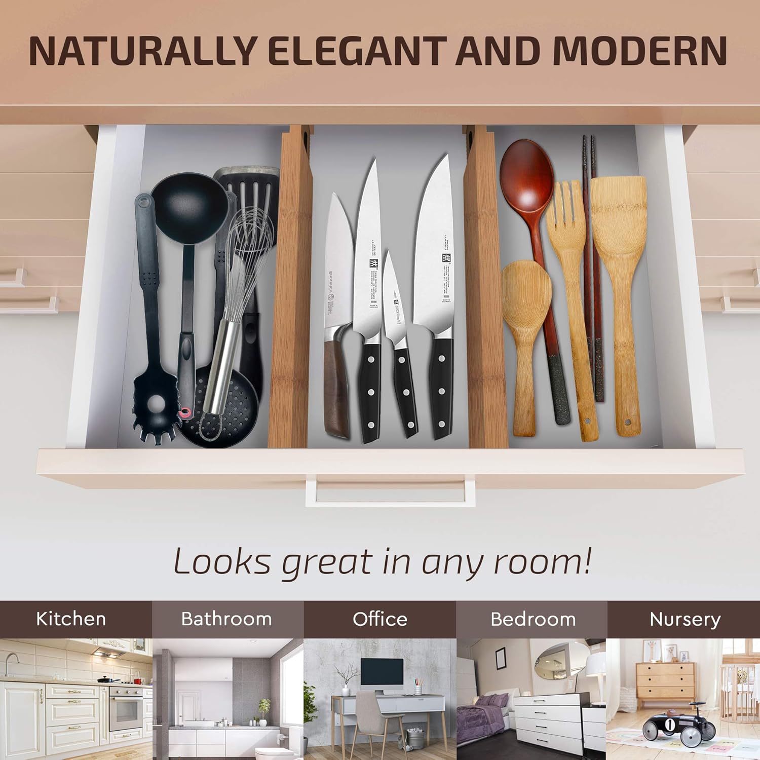 Adjustable Bamboo Drawer Divider Organizers for Large Drawers, 2-Pack, Natural M741