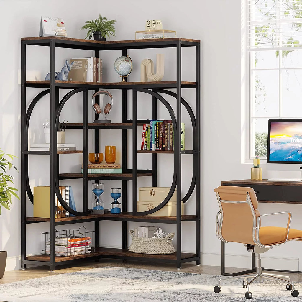 Tribesigns L Shaped Corner Bookshelf, 7 Shelf Bookcase, Rustic Brown & Black T1191