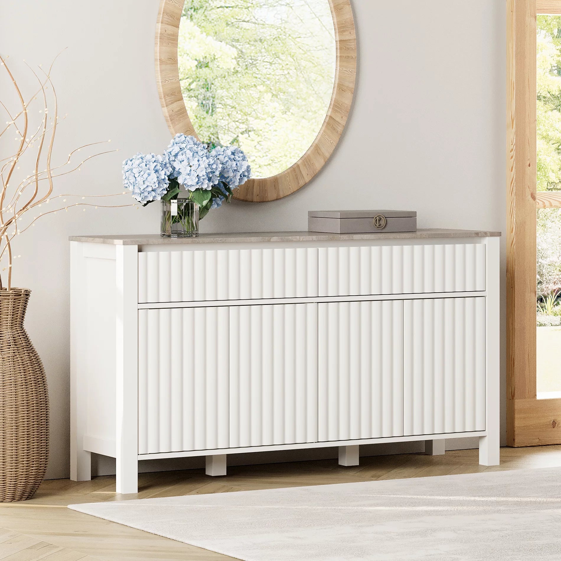 WAMPAT White Dresser for Bedroom, 57” Dresser with Fluted Doors and Solid Wood Legs, Modern Storage Chests of Drawers for Hallway, Entryway