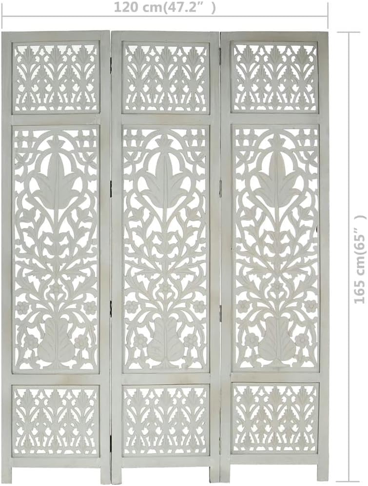 Hand-Carved 3-Panel Gray Wood Room Divider Screen J4918
