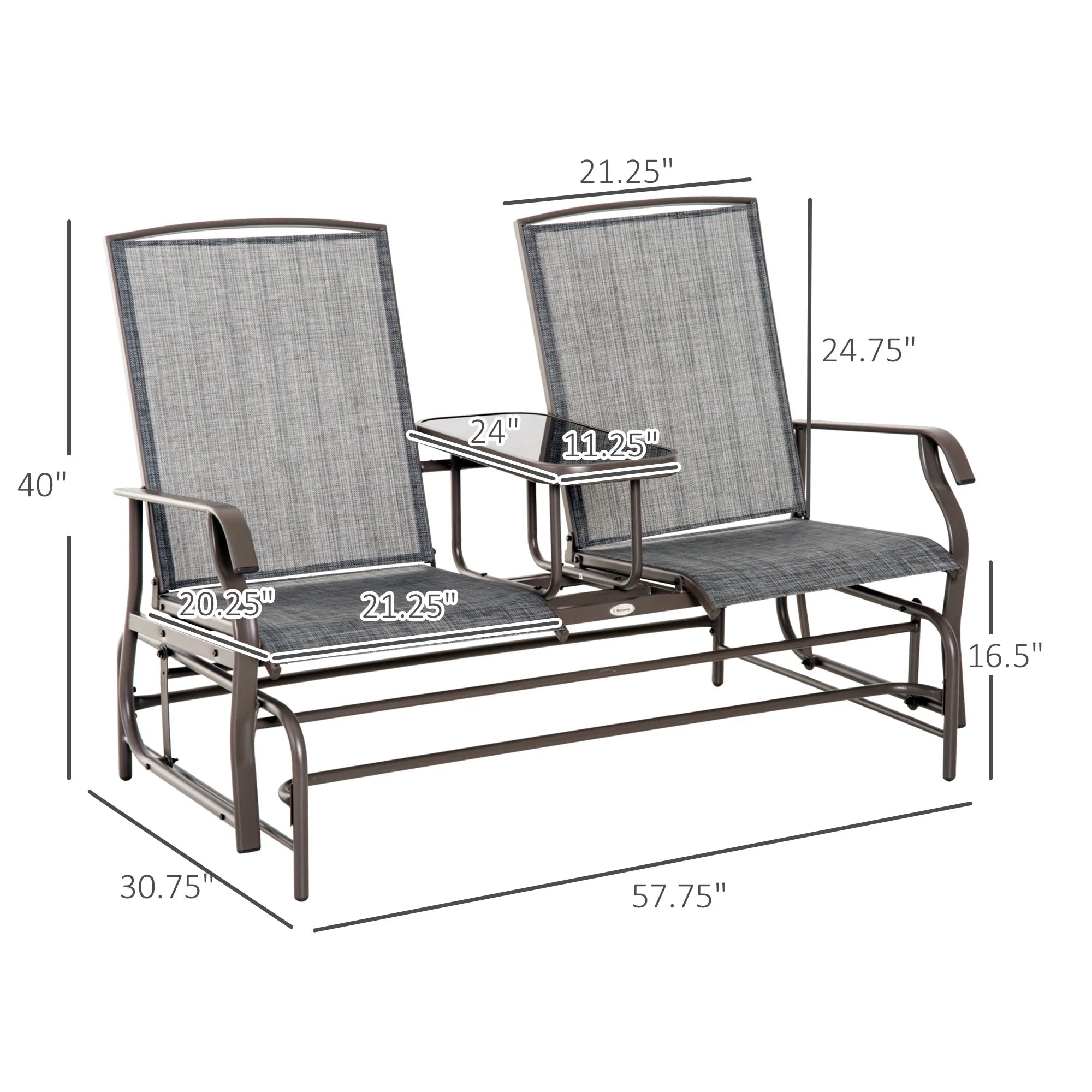 Outsunny Outdoor Glider Bench with Center Table, Metal Frame Patio Loveseat, Gray W632