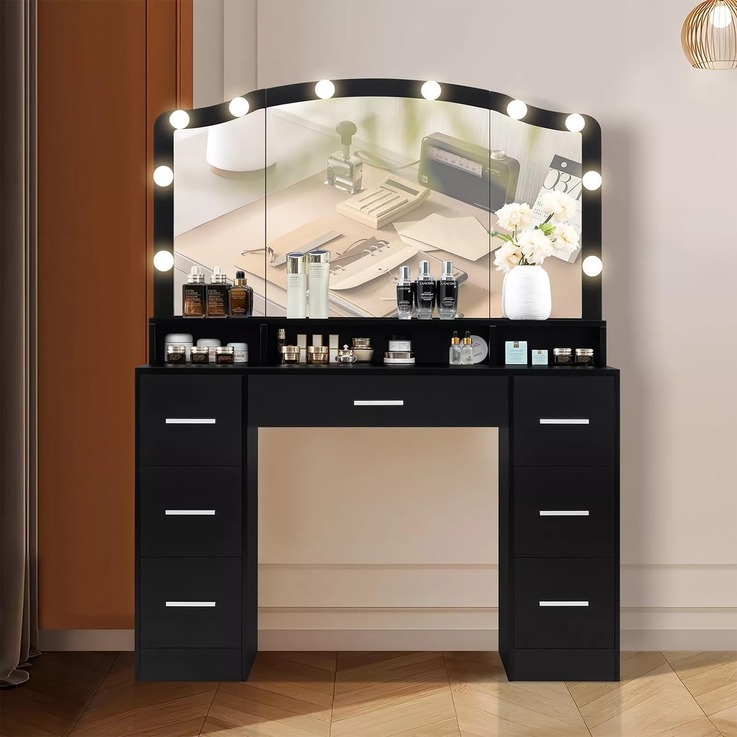Modern 43.3" Black Vanity Desk with Lighted Mirror and 7 Drawers M739