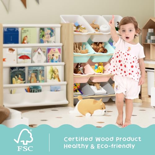 Kids Toy Storage Organizer with 12 Bins and Bookshelf, Burlywood Y913658