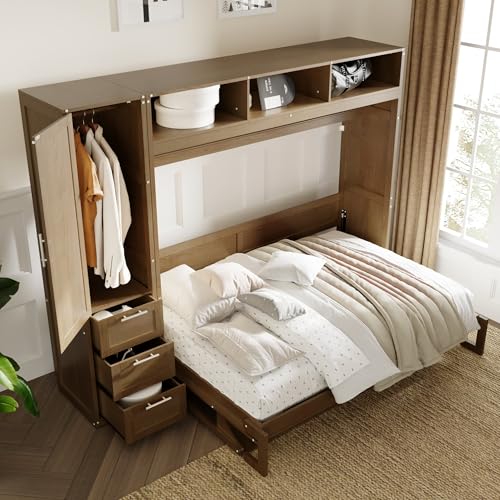 Modern Full Size Murphy Bed with Wardrobe,Storage Drawers and Open Shelves,Solid Wood Wall Bed Frame for Bedroom Guest Room Home Office Study,Easy Assembly (Antique Grey, Full)