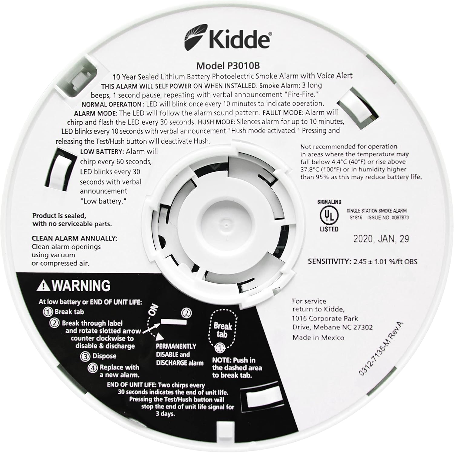 Kidde Smoke Detector, 10-Year Battery, Photoelectric Sensor, White S8172
