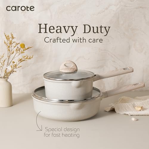 CAROTE 17pcs Non Stick Pots and Pans Set, Induction Cookware, Cream White Y4004