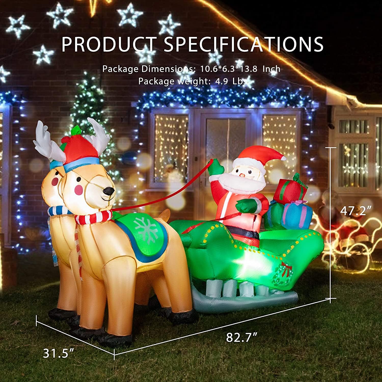 Christmas Inflatable Santa on Sleigh with Reindeers Yard Decoration a7