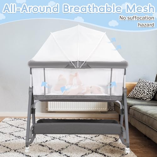Bedside Bassinet for Baby, 3 in 1 Height Adjustable with Wheels and Mattress O79976