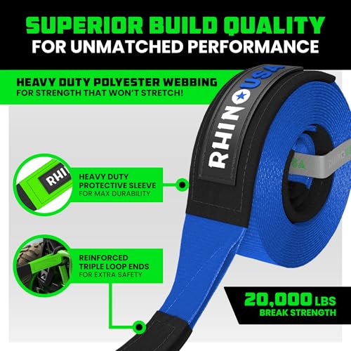 Rhino USA Recovery Tow Strap 3" x 20' 31,518lb for Truck UTV ATV Jeep I629