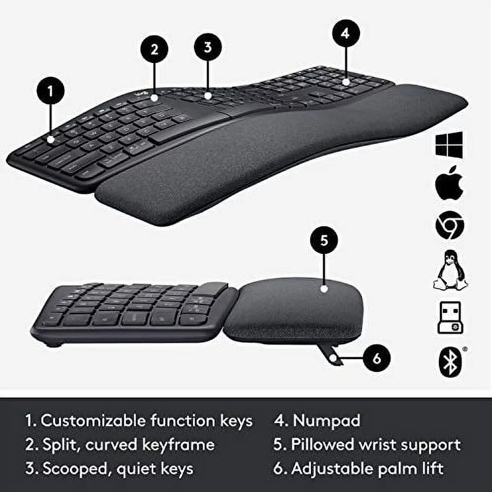 Wireless Ergonomic Split Keyboard with Wrist Rest for Windows Mac Bluetooth USB a7k