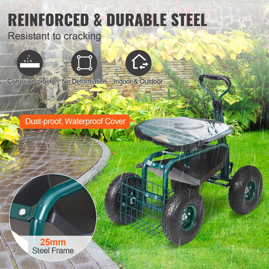 BENTISM Garden Cart Rolling Workseat with 360 Degree Swivel Seat and Utility Tool Tray Y549476
