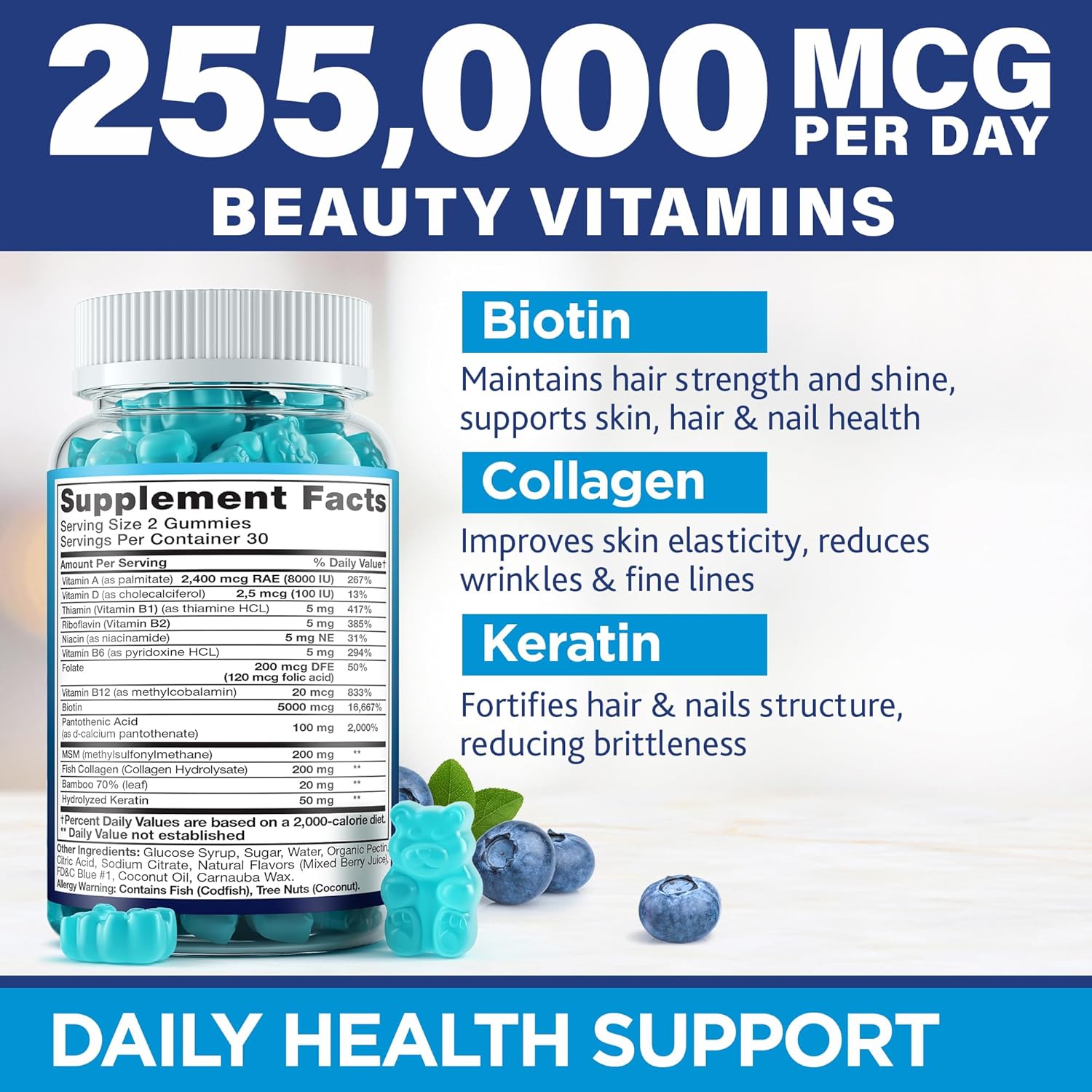 Hair Biotin Gummies for Skin Nails Collagen Keratin 60ct k7
