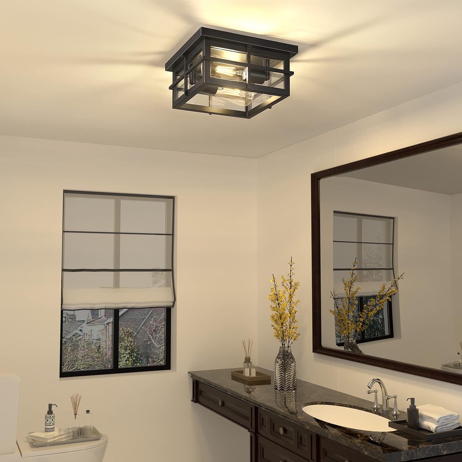 Modern Outdoor Ceiling Light 2-Light Black Flush Mount Clear Glass Shade a7