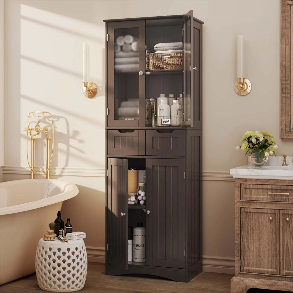 Lofka Tall Storage Cabinet with Glass Doors and 2 Drawers, Dark Brown F93607