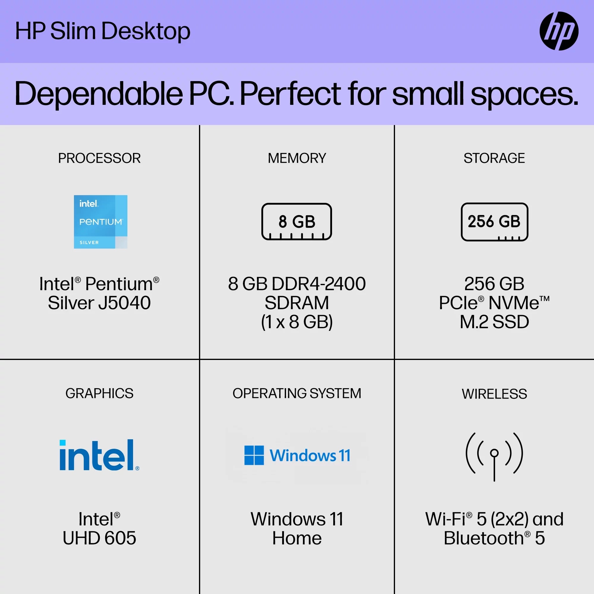 HP Slim Desktop Tower, Intel Pentium, 8GB RAM, 256GB SSD, Windows 11 Home, Black L736