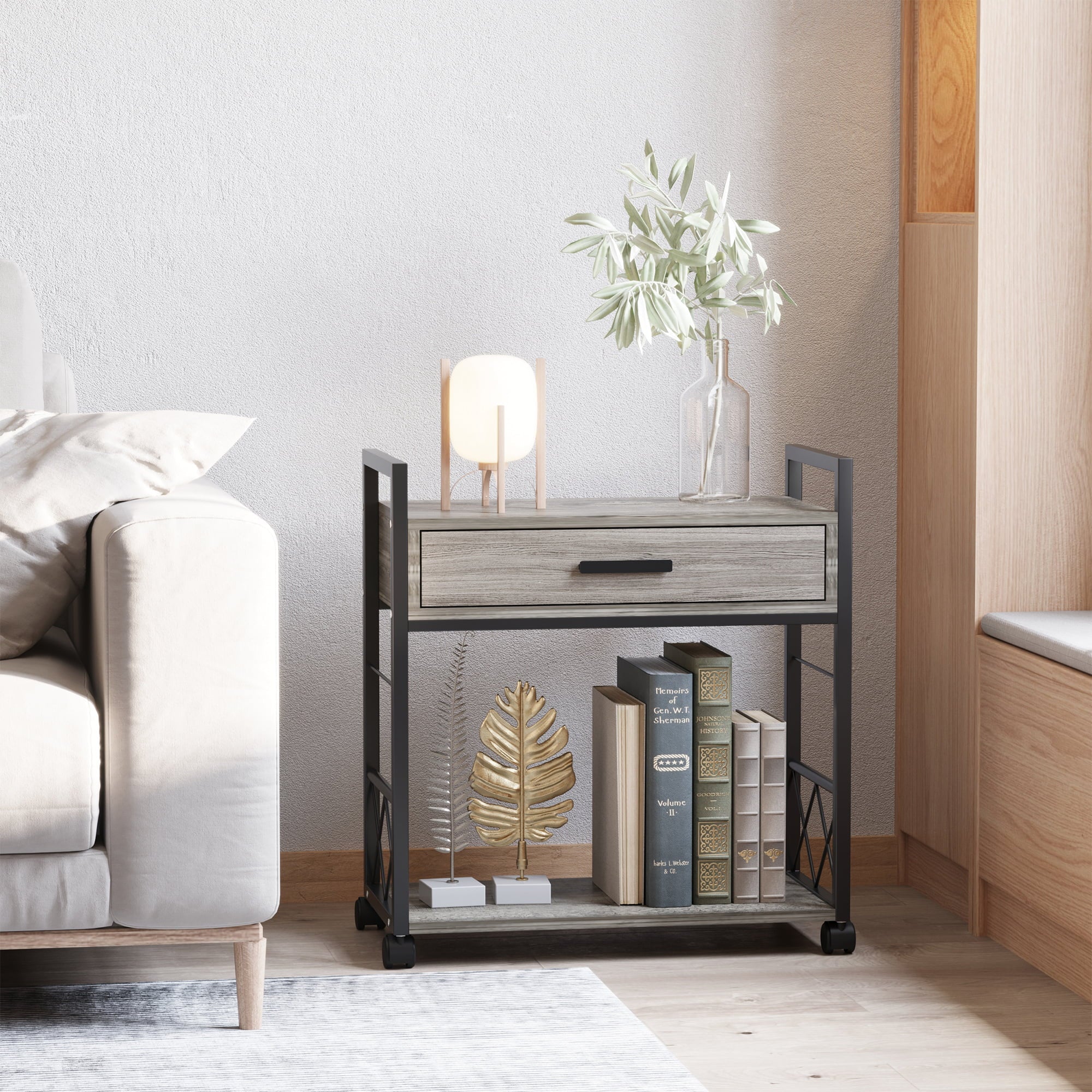 HOMCOM Industrial End Table with Drawer and Bottom Shelf, Grey L693617