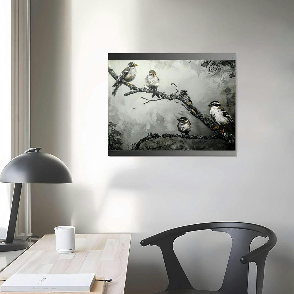 Bird Canvas Wall Art Black White Tree Print 20x16 a7