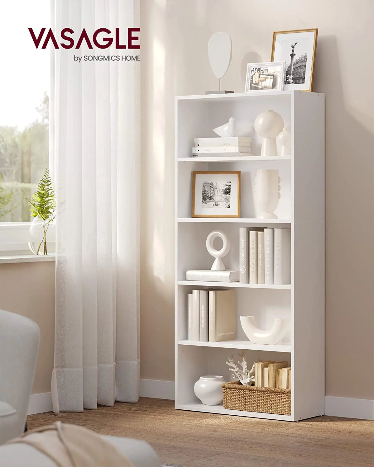 VASAGLE Bookshelf 5-Tier Open Bookcase with Adjustable Shelves, White H46414