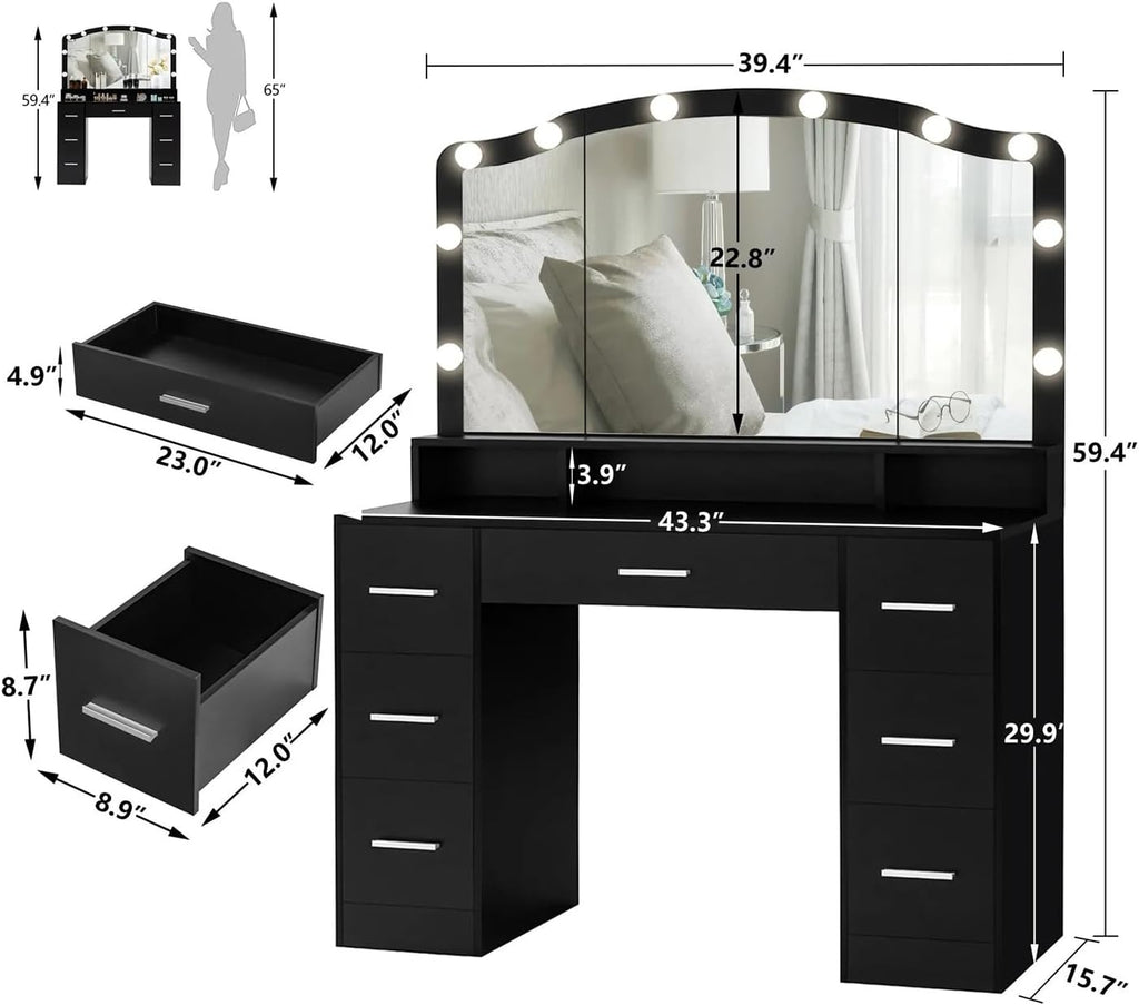 Modern 43.3" Black Vanity Desk with Lighted Mirror and 7 Drawers M739