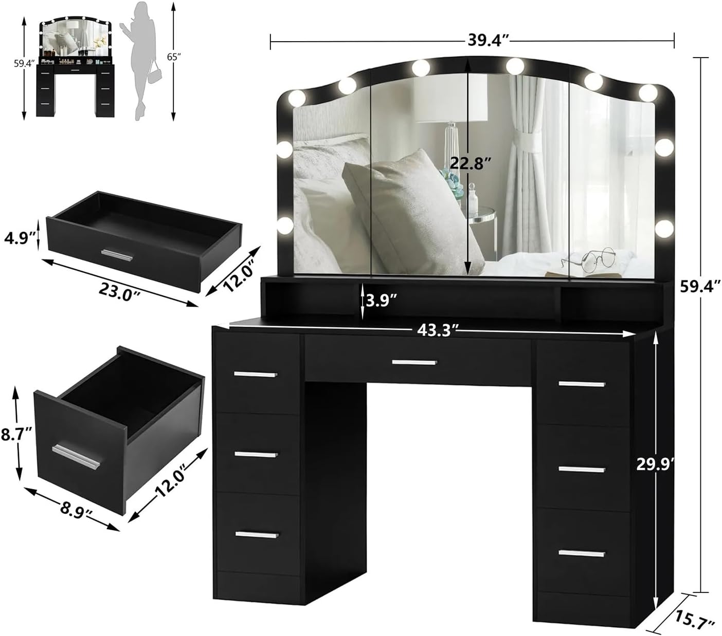 Modern 43.3" Black Vanity Desk with Lighted Mirror and 7 Drawers M739