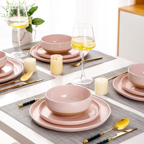 AmorArc Ceramic Dinnerware Set for 6, 18 Pieces Handpainted Stoneware, Light Beige V444110