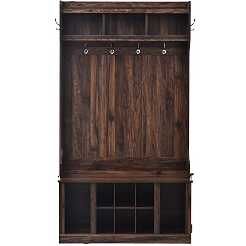 Hall Tree with Storage Bench, 6 Hooks, Entryway Coat Rack (Tiger) H6698