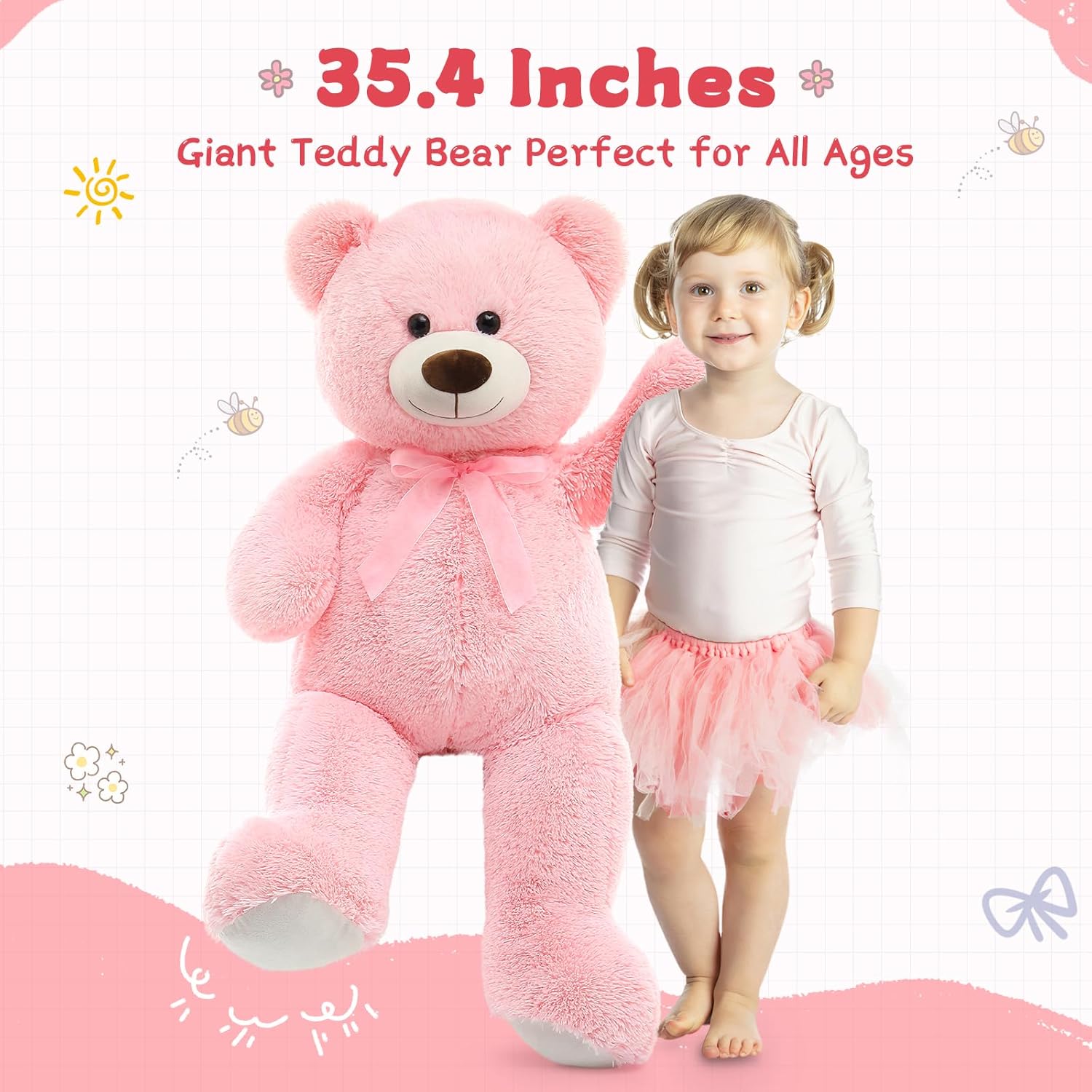 MorisMos 2-Pack Giant Teddy Bear Stuffed Animals, 35.4" Pink & White Plush Toy I424
