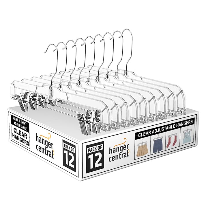 Hanger Central 12 Pack 14" Clear Skirt Hangers with Adjustable Clips, Non-Slip Plastic Pant Hangers, Slim Clip for Pants, Skirts, Shorts, 360-Rotating Swivel Hook…