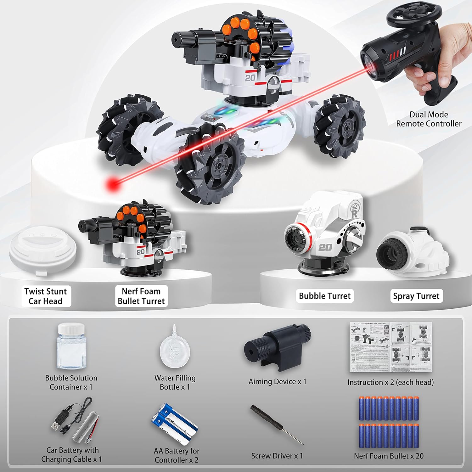 4 Head RC Tank Car Shoots Nerf Bullets, Bubble, Spray, Remote Control Toy for Boys R10009