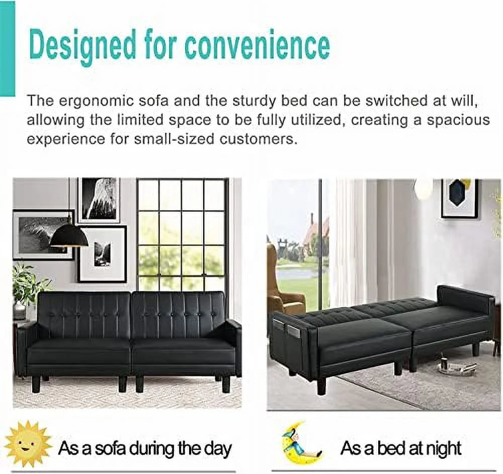NLIBOOMLife Futon Sofa Bed Couch with Faux Leather and Side Pockets I712