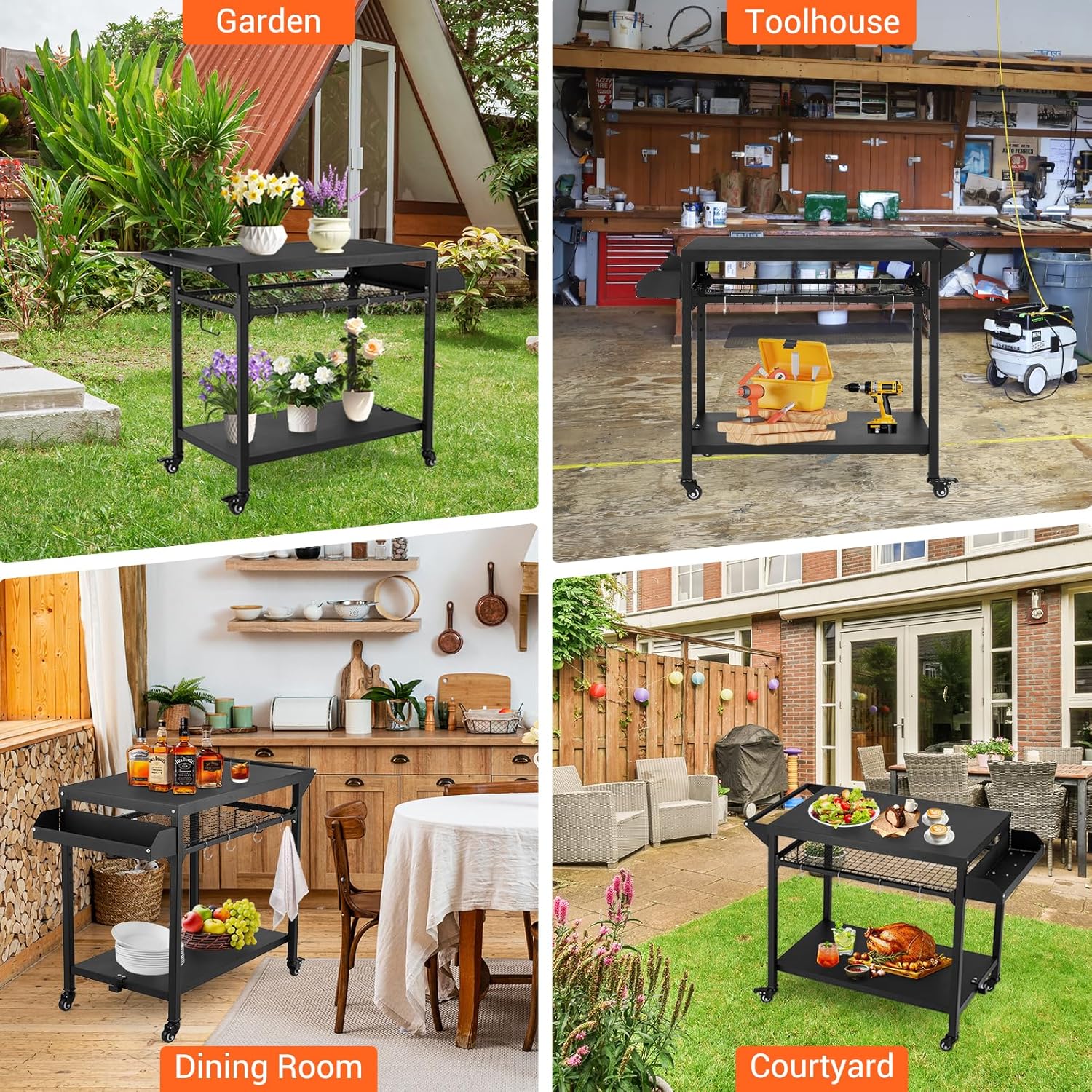 Outdoor Grill Cart with Wheels, Pizza Oven Stand Table, Black W180