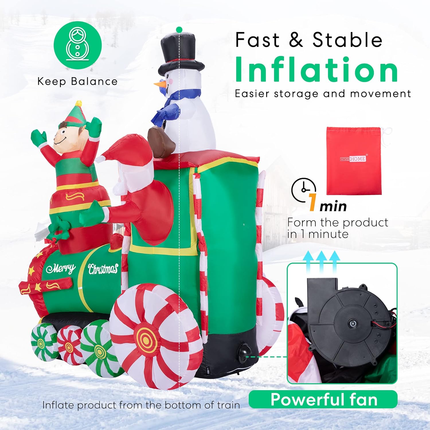 Christmas Inflatable Santa Train with Elf Snowman LED Outdoor Decor k7m