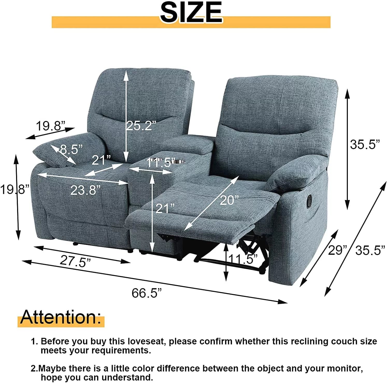 Reclining Sofa with Console and Cup Holders 2 Seater Fabric a7
