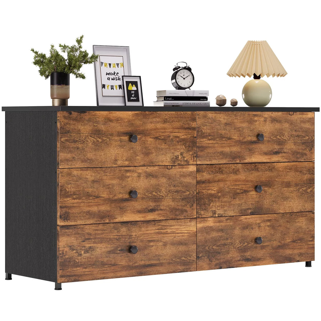 6 Drawer Double Dresser with Steel Frame, Wooden Storage Cabinet for Bedroom V120