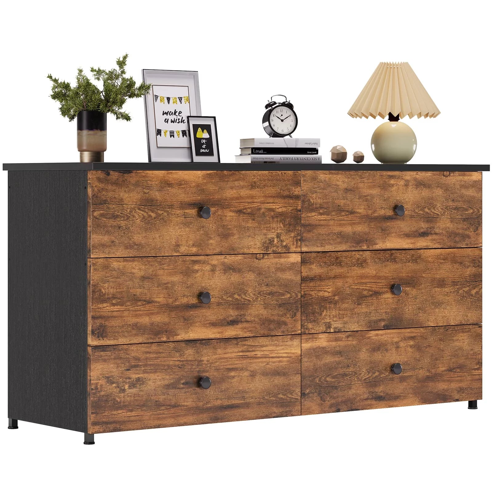 6 Drawer Double Dresser with Steel Frame, Wooden Storage Cabinet for Bedroom V120