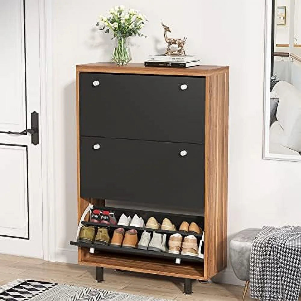 HOOMHIBIU 3 Drawer Shoe Cabinet  Freestanding Shoe Rack  Organizer with Flip Door  Modern Tipping Bucket Shoe Cabinet for Entryway  Hallway  Bedroom  Small Spaces  White