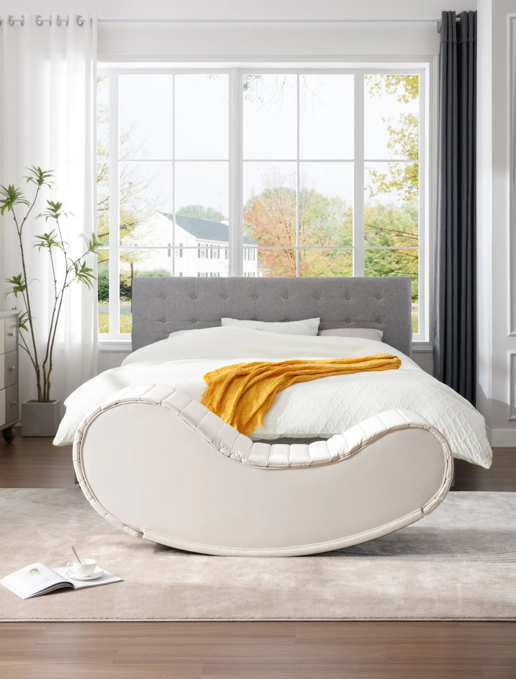 CoSoTower Rocking Leisure Bench Faux Leather Curved Sofa, White & Black T44031