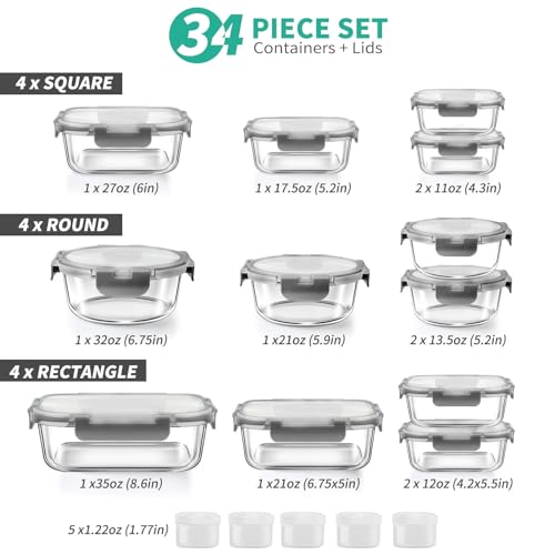 34pcs Glass Food Storage Containers with Lids, Airtight Meal Prep Set, BPA-Free N777590