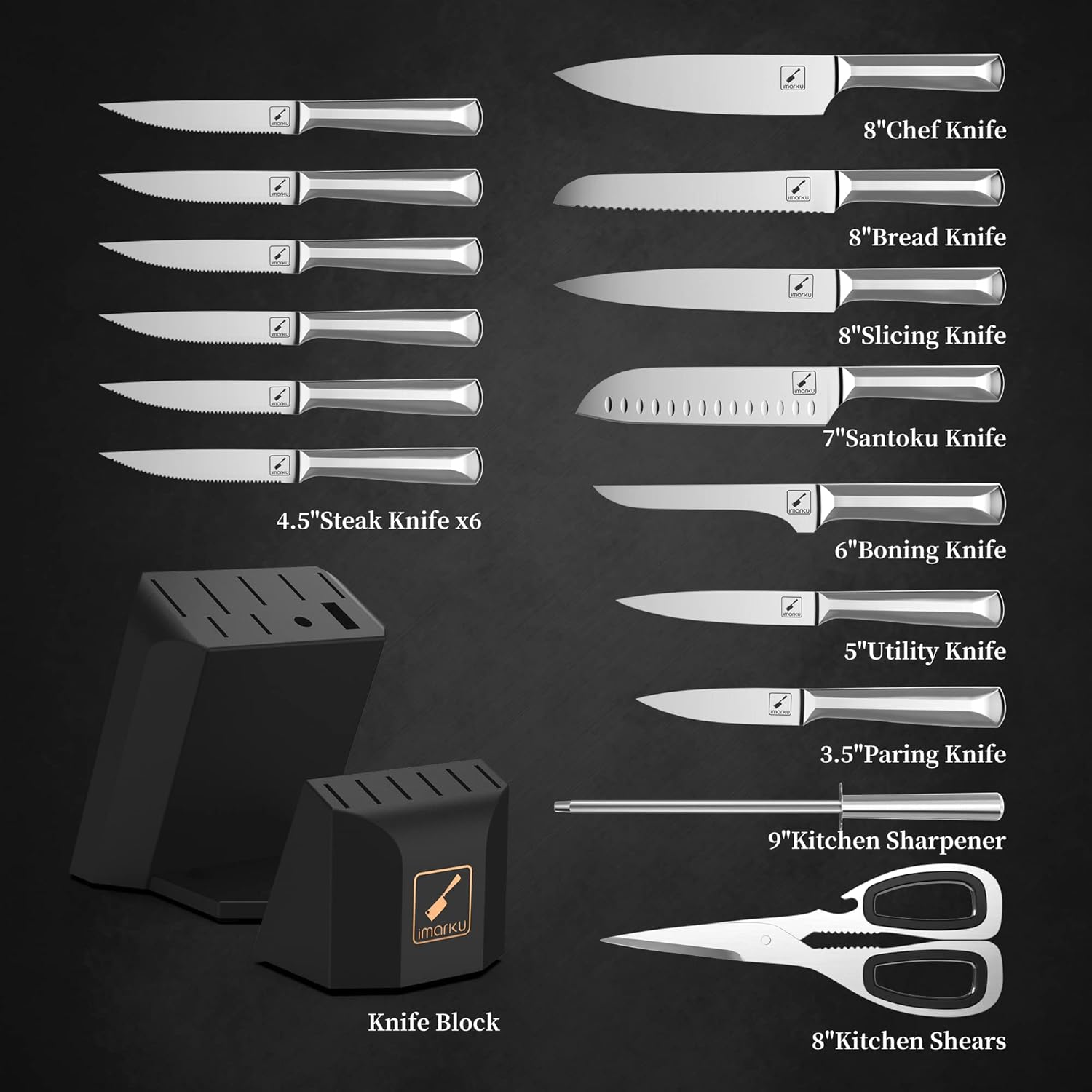 imarku 16 Pcs Kitchen Knife Set with Block, Stainless Steel, Dishwasher Safe Y674