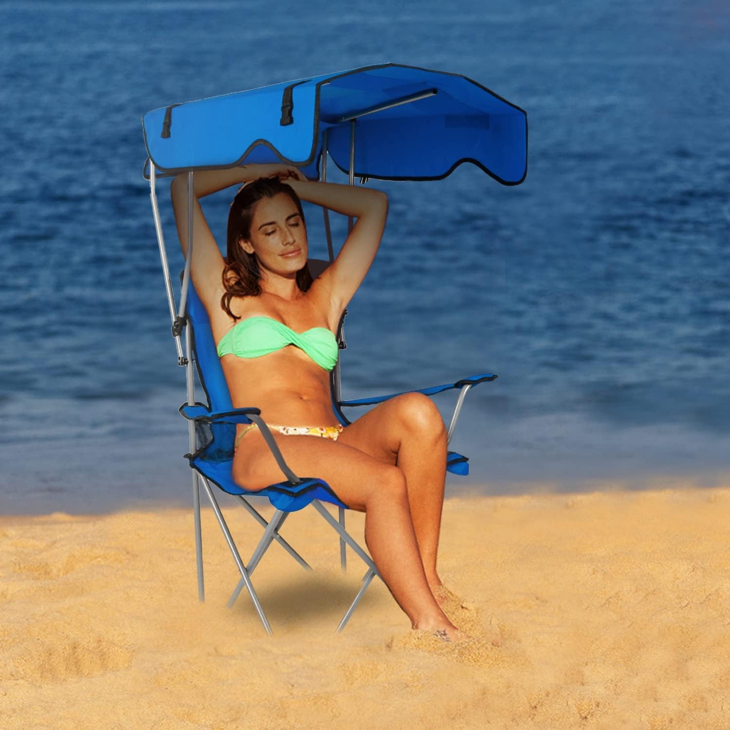 Camping Chair with Shade Canopy, Heavy Duty Folding, UPF 50+ Sun Protection Portable Outdoor Support 330 LBS Blue k7