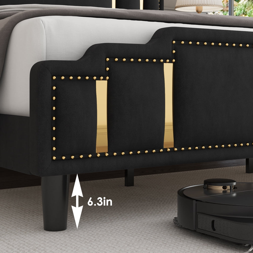 Queen Velvet Upholstered Platform Bed with Adjustable Headboard Black k7m
