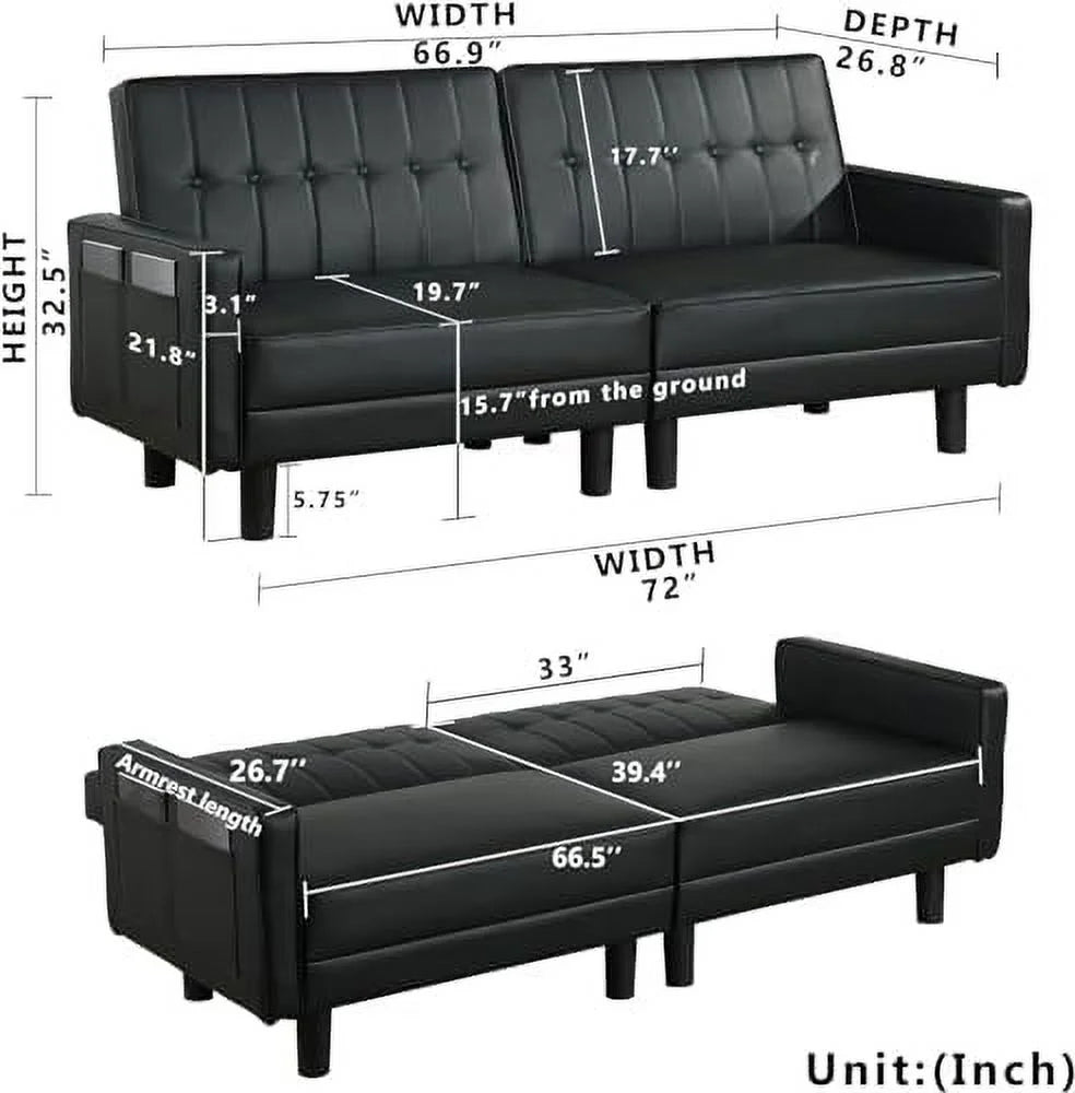 NLIBOOMLife Futon Sofa Bed Couch with Faux Leather and Side Pockets I712