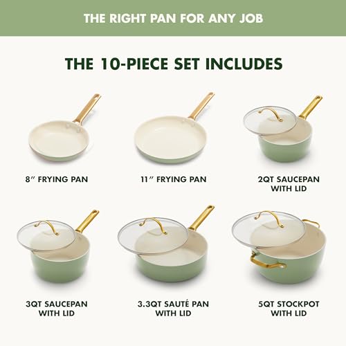 GreenPan Reserve Hard Anodized Ceramic Nonstick 10 Piece Cookware Set, Gold Handle, Twilight Blue S134