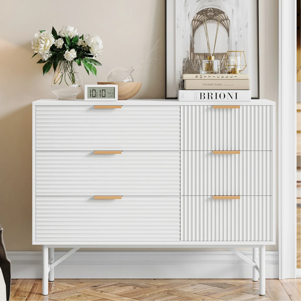 Homfa 6 Drawer Dresser for Bedroom, Creamy Wave Panel Wood Storage Cabinet C269
