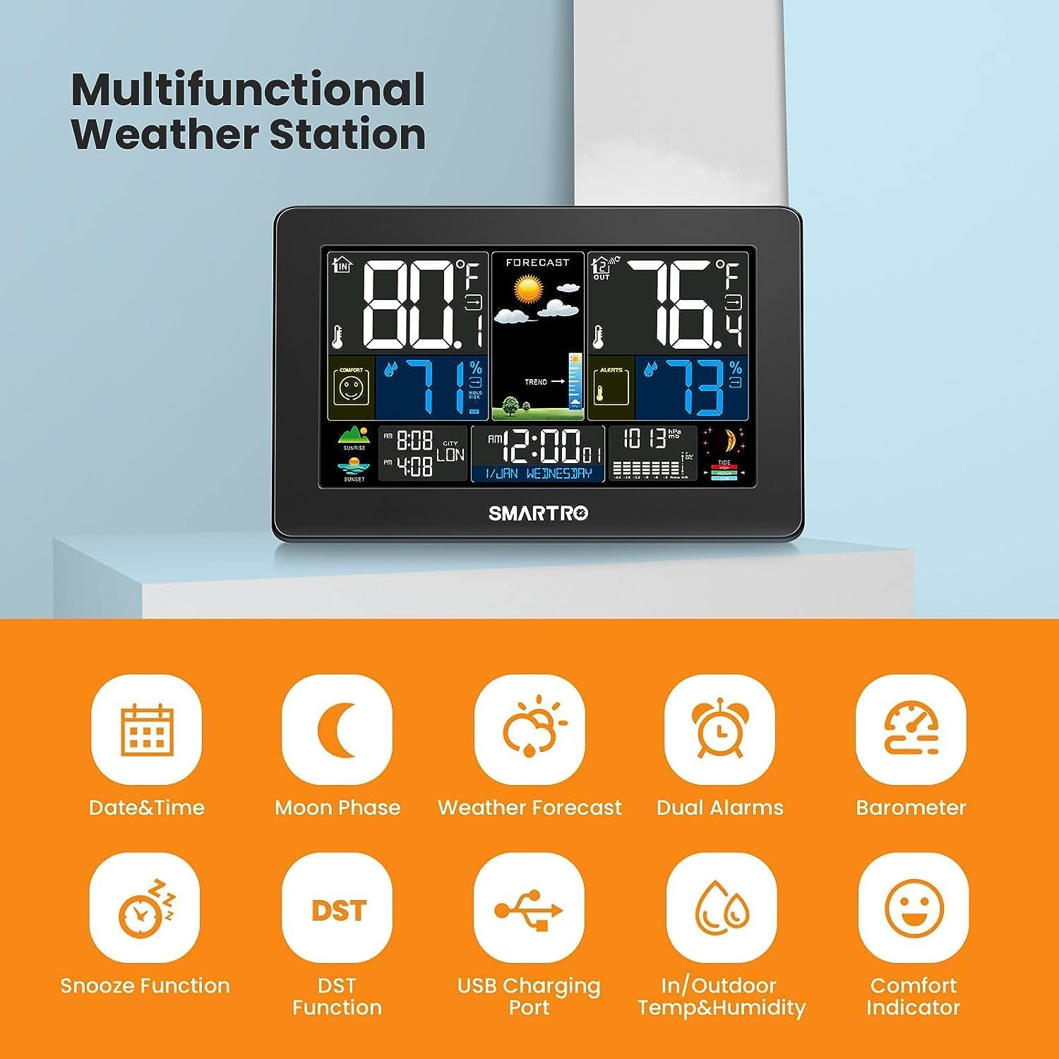 SMARTRO Weather Station Wireless Indoor Outdoor Thermometer with Large Color Display B5070
