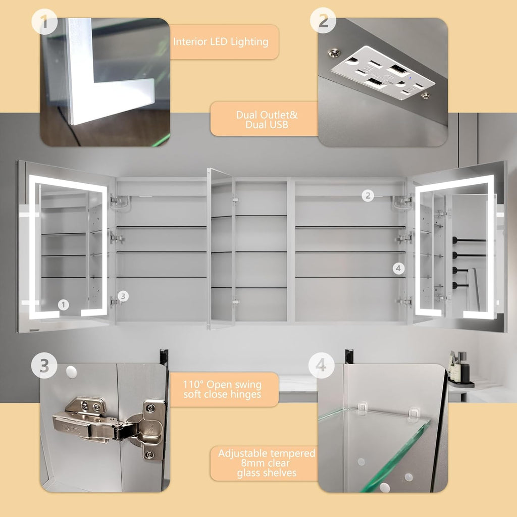 LED Lighted Bathroom Medicine Cabinet with Mirror, 60 x 30 Inch, Defog, Dimming k7p