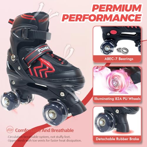 Kids Adjustable Roller Skates Light Up Wheels Quad Black Red k7