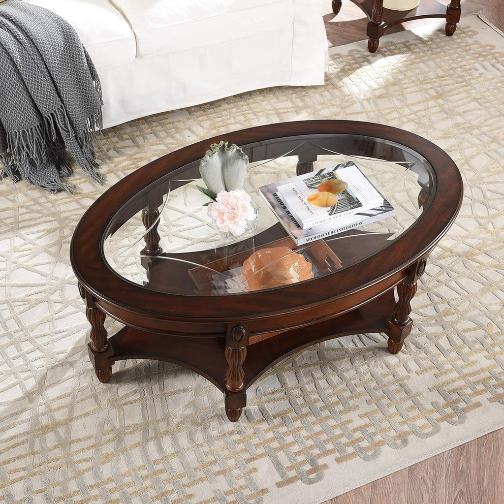 Oval Coffee Tables For Living Room, Solid Wood Coffee Table With Glass Top, Vintage Cocktail Table, 46"X29"X18.2", Easy Assemble, Cherry Walnut, KFZ-1533-GT